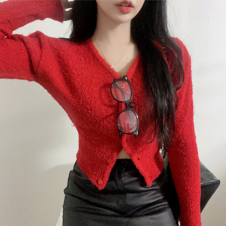 シーズン厚手Vネックニットカーディガン(7color) RED