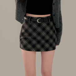 【ベルト付き】ハイティーンチェックミニスカートパンツ BLACK