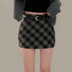 【ベルト付き】ハイティーンチェックミニスカートパンツ BLACK