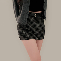 【ベルト付き】ハイティーンチェックミニスカートパンツ BLACK