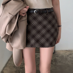 【ベルト付き】ハイティーンチェックミニスカートパンツ BROWN