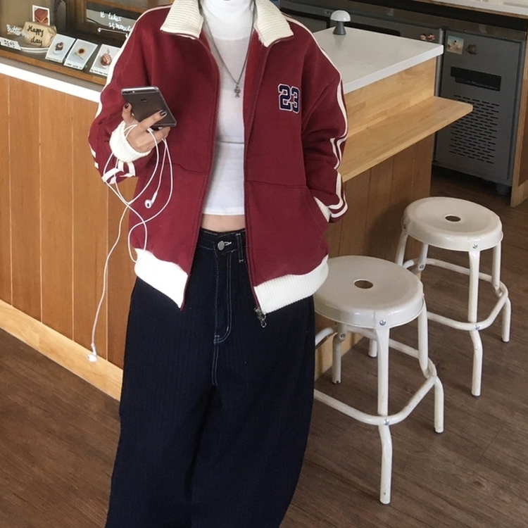 배색니트 풀 블루종 트랙 집업 레드