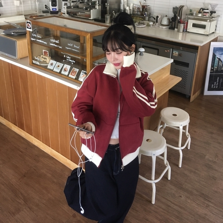 배색니트 풀 블루종 트랙 집업 레드