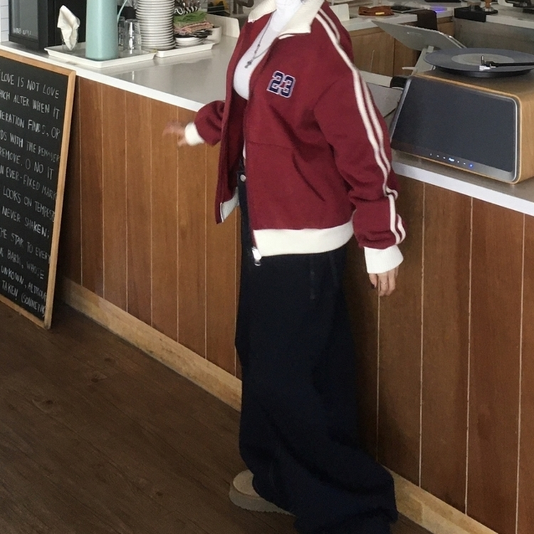 배색니트 풀 블루종 트랙 집업 레드