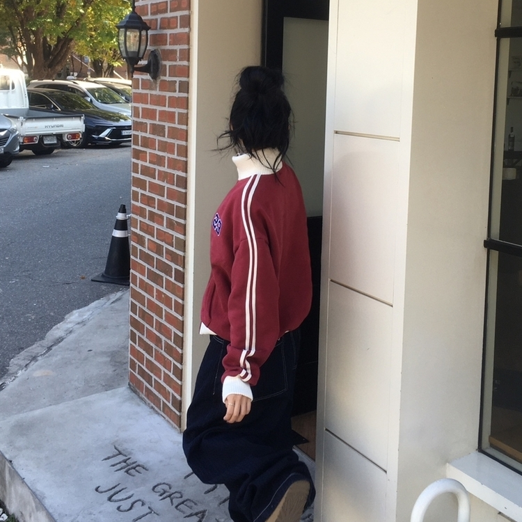 배색니트 풀 블루종 트랙 집업 레드