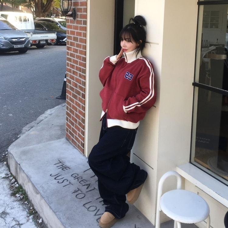 배색니트 풀 블루종 트랙 집업 레드