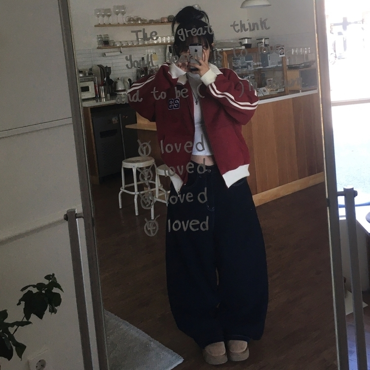 배색니트 풀 블루종 트랙 집업 레드