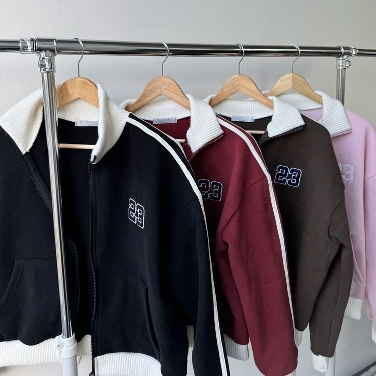 배색니트 풀 블루종 트랙 집업