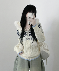 スノーノルディックパターンファーフードニットジップアップ IVORY