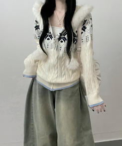 スノーノルディックパターンファーフードニットジップアップ IVORY