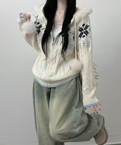 スノーノルディックパターンファーフードニットジップアップ IVORY