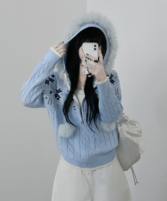 スノーノルディックパターンファーフードニットジップアップ blue