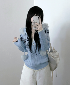 スノーノルディックパターンファーフードニットジップアップ blue