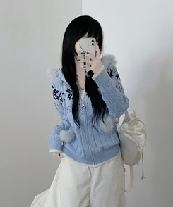 スノーノルディックパターンファーフードニットジップアップ blue