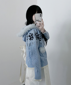 スノーノルディックパターンファーフードニットジップアップ blue