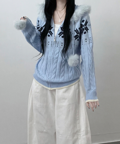 スノーノルディックパターンファーフードニットジップアップ blue