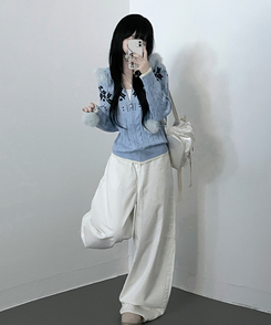 スノーノルディックパターンファーフードニットジップアップ blue