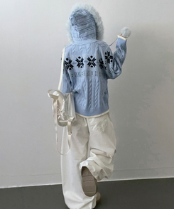 スノーノルディックパターンファーフードニットジップアップ blue