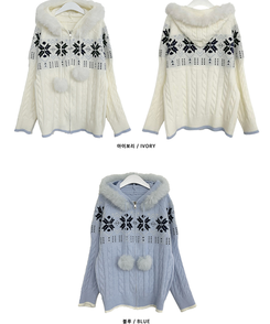 スノーノルディックパターンファーフードニットジップアップ