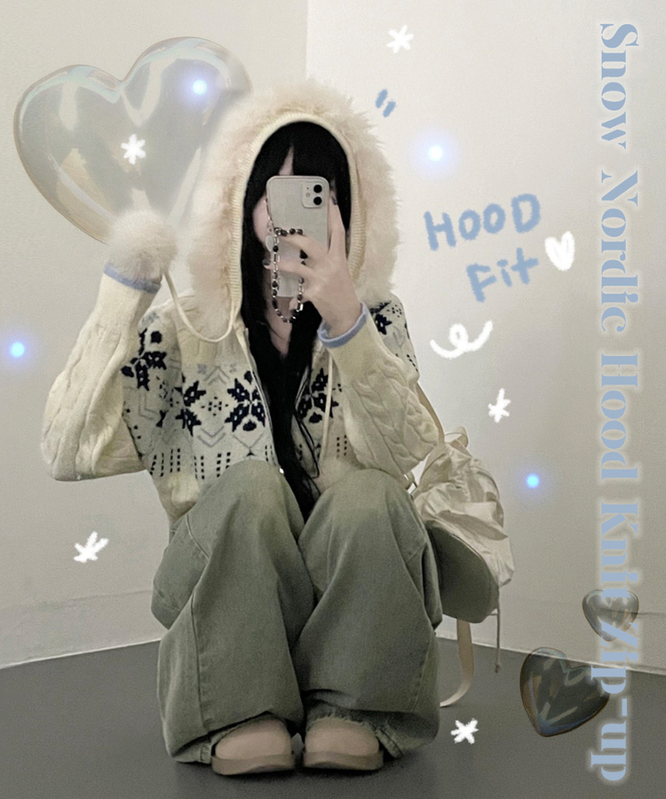 スノーノルディックパターンファーフードニットジップアップ IVORY