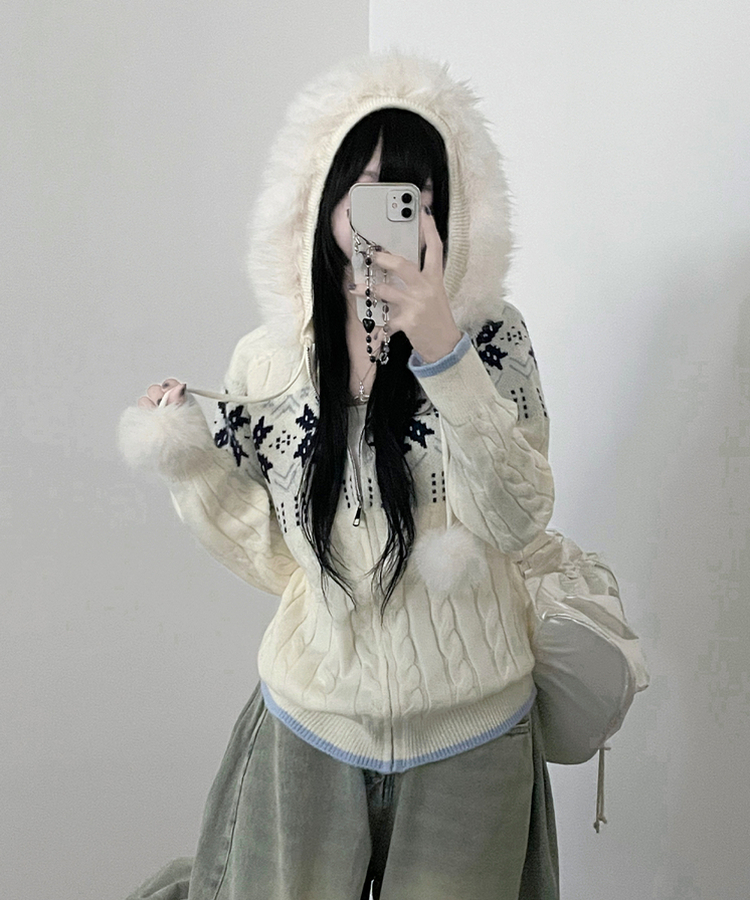 スノーノルディックパターンファーフードニットジップアップ IVORY