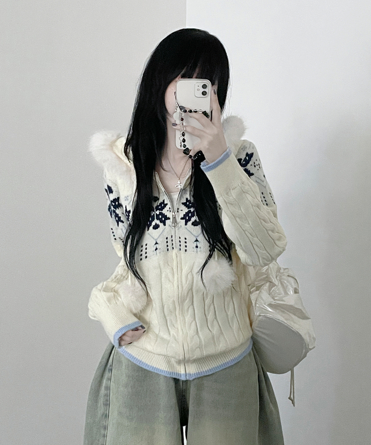 スノーノルディックパターンファーフードニットジップアップ IVORY