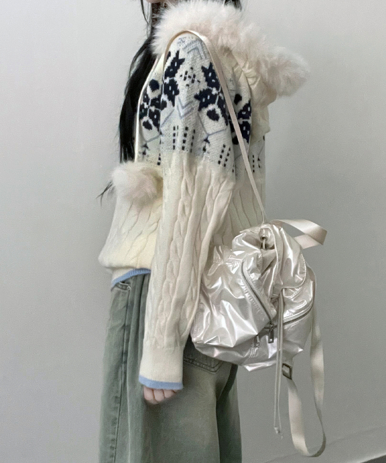 スノーノルディックパターンファーフードニットジップアップ IVORY