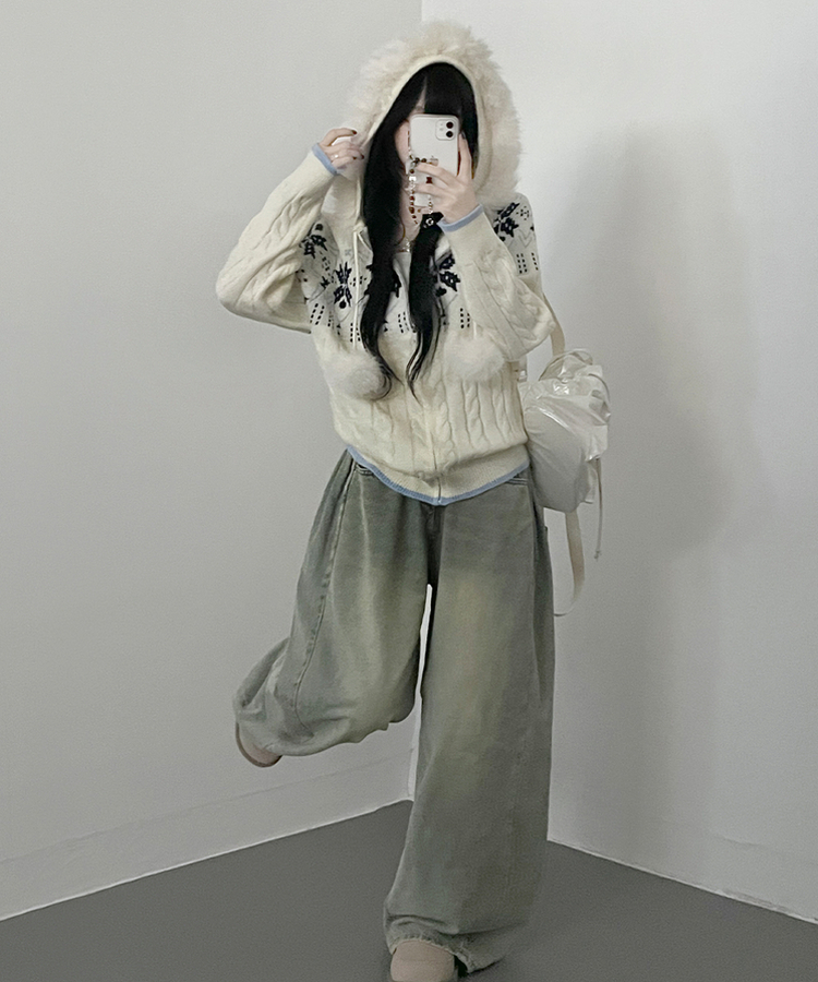 スノーノルディックパターンファーフードニットジップアップ IVORY