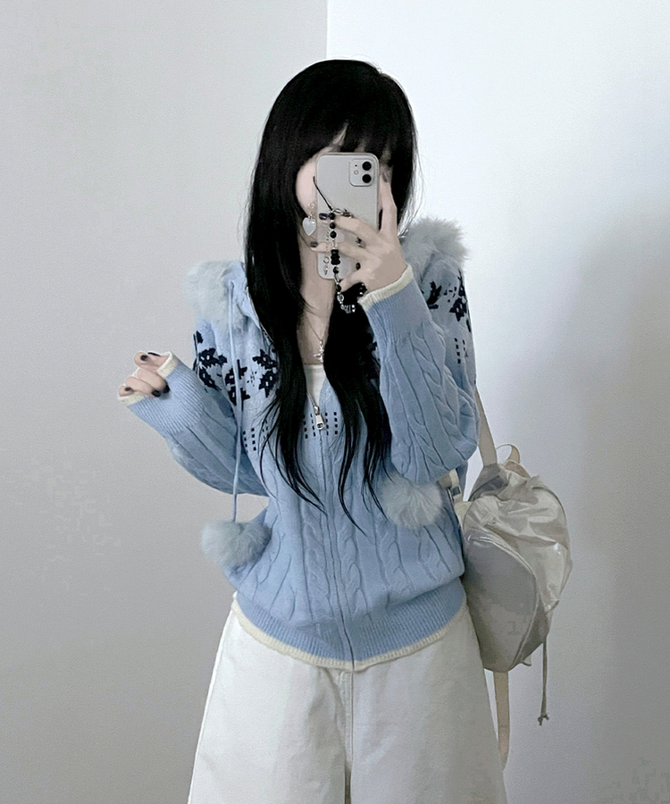 スノーノルディックパターンファーフードニットジップアップ blue