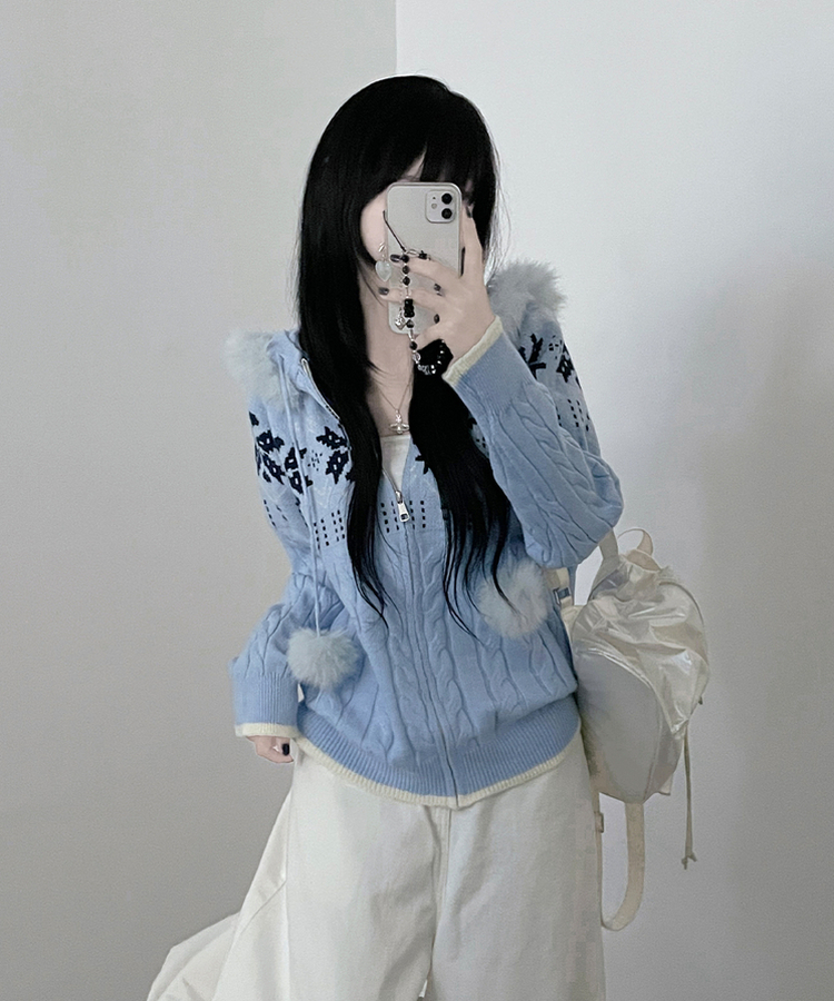 スノーノルディックパターンファーフードニットジップアップ blue