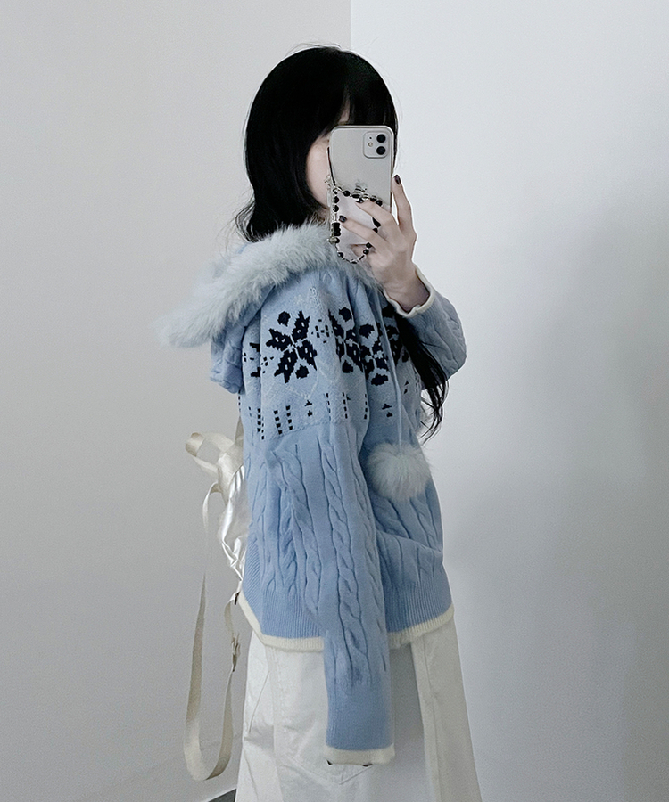 スノーノルディックパターンファーフードニットジップアップ blue