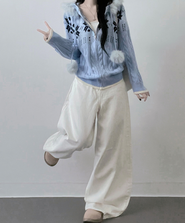 スノーノルディックパターンファーフードニットジップアップ blue