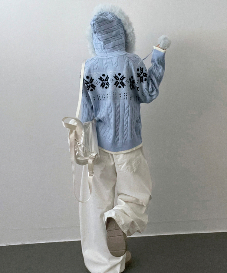 スノーノルディックパターンファーフードニットジップアップ blue