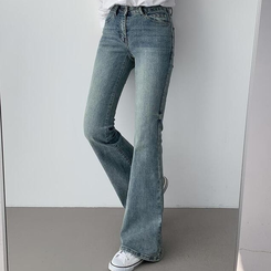 【丈別】ローウエストウォッシングブーツカットデニムパンツ BLUE