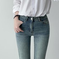 【丈別】ローウエストウォッシングブーツカットデニムパンツ BLUE
