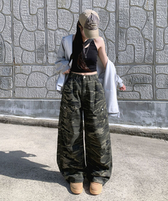 카모 밀리터리 하이웨스트 카고포켓 스트링 와이드 롱팬츠 카모