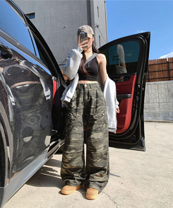 카모 밀리터리 하이웨스트 카고포켓 스트링 와이드 롱팬츠 카모