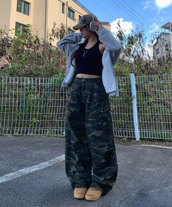 카모 밀리터리 하이웨스트 카고포켓 스트링 와이드 롱팬츠 카모