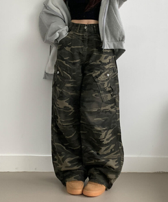 카모 밀리터리 하이웨스트 카고포켓 스트링 와이드 롱팬츠 카모