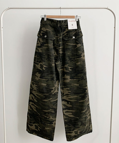 카모 밀리터리 하이웨스트 카고포켓 스트링 와이드 롱팬츠