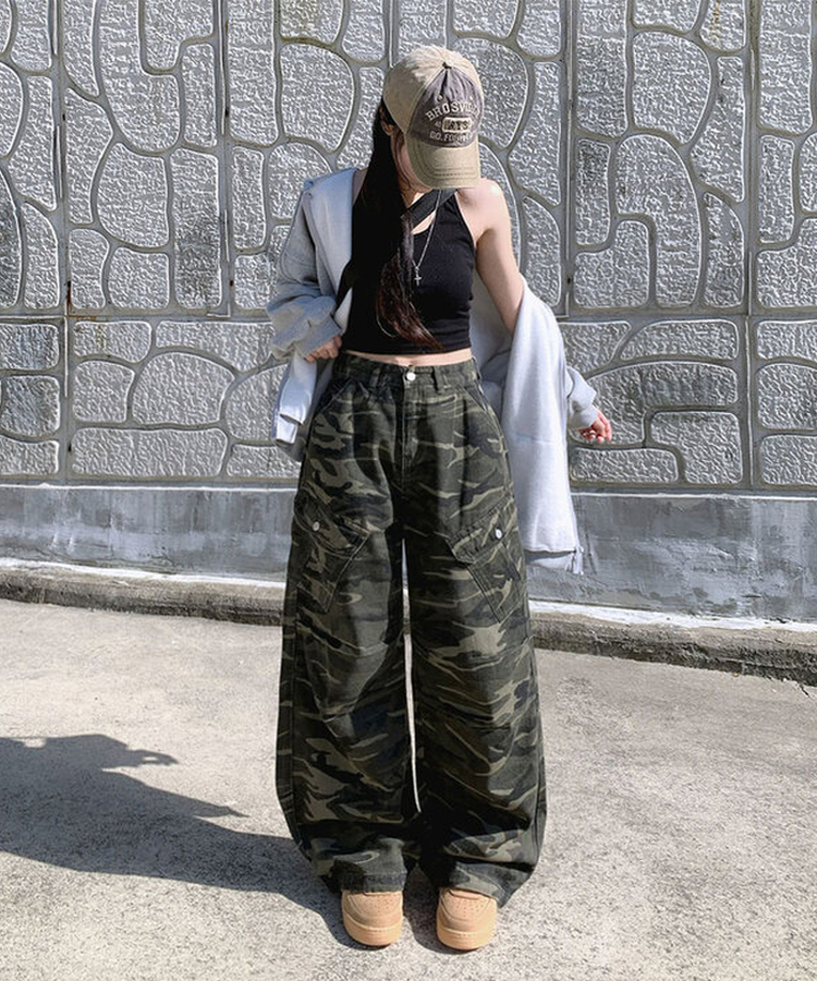 카모 밀리터리 하이웨스트 카고포켓 스트링 와이드 롱팬츠 카모