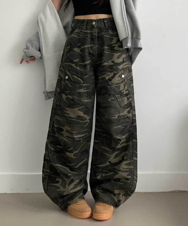카모 밀리터리 하이웨스트 카고포켓 스트링 와이드 롱팬츠 카모