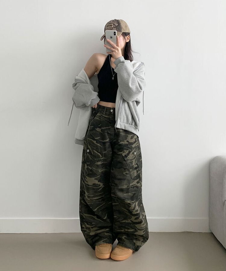 카모 밀리터리 하이웨스트 카고포켓 스트링 와이드 롱팬츠 카모