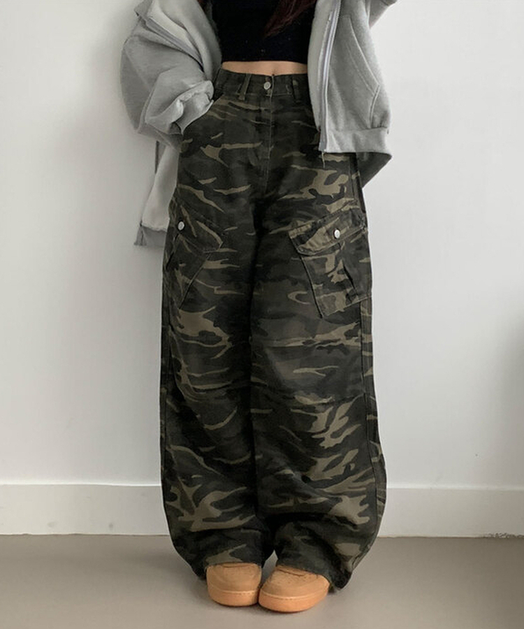 카모 밀리터리 하이웨스트 카고포켓 스트링 와이드 롱팬츠 카모