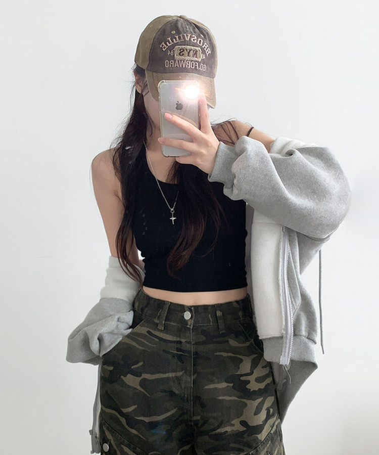 카모 밀리터리 하이웨스트 카고포켓 스트링 와이드 롱팬츠 카모