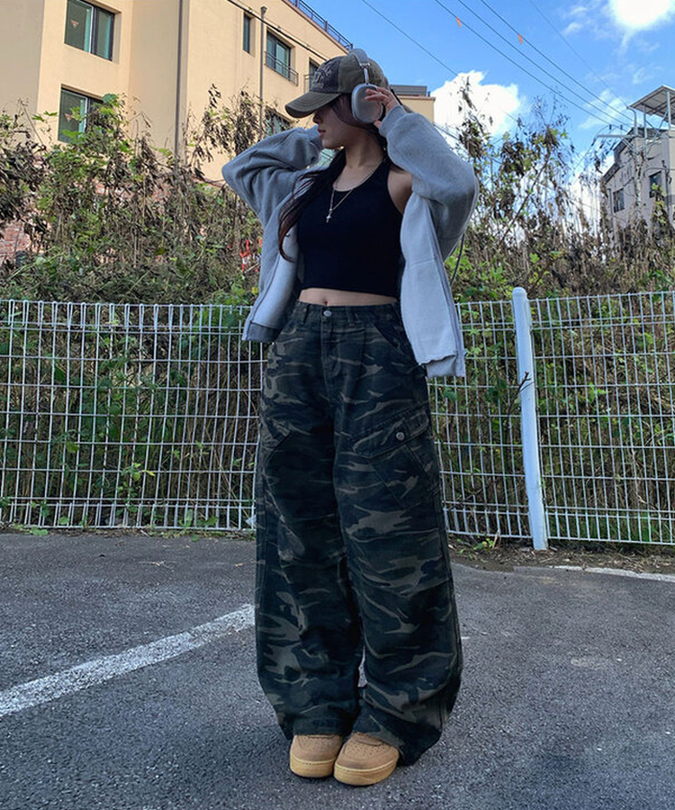 카모 밀리터리 하이웨스트 카고포켓 스트링 와이드 롱팬츠 카모