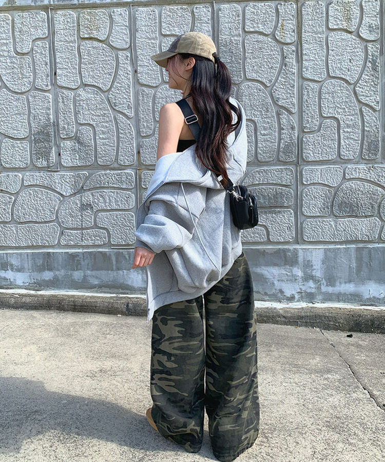 카모 밀리터리 하이웨스트 카고포켓 스트링 와이드 롱팬츠 카모