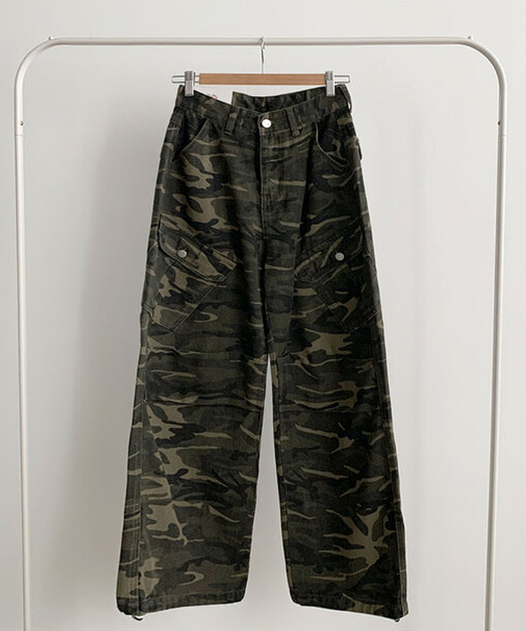 카모 밀리터리 하이웨스트 카고포켓 스트링 와이드 롱팬츠