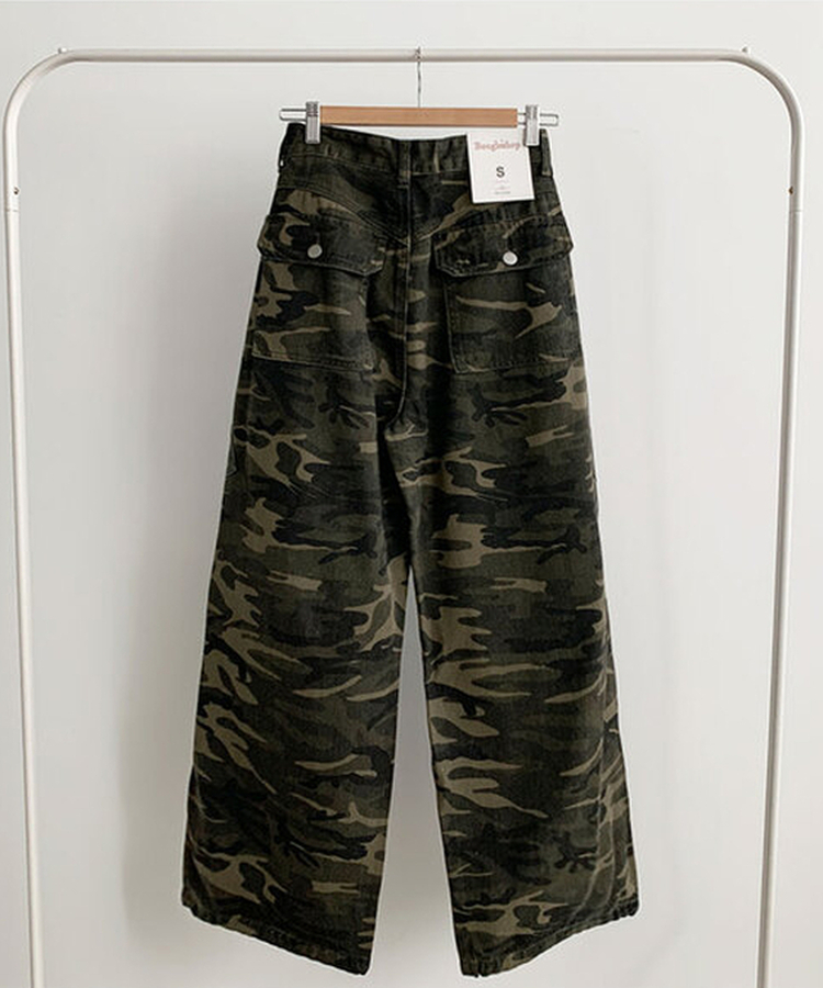 카모 밀리터리 하이웨스트 카고포켓 스트링 와이드 롱팬츠