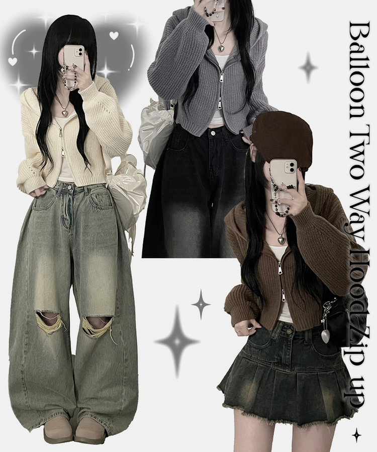 여리무드하찌벌룬투웨이후드니트집업 아이보리